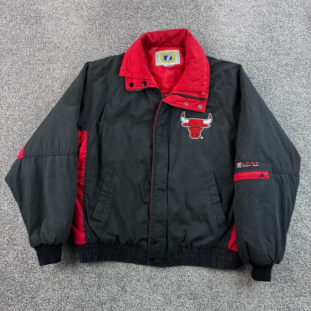 Vintage Chicago Bulls Jacket Mens Large Black Red Bomber NBA Basketball Logo 7
